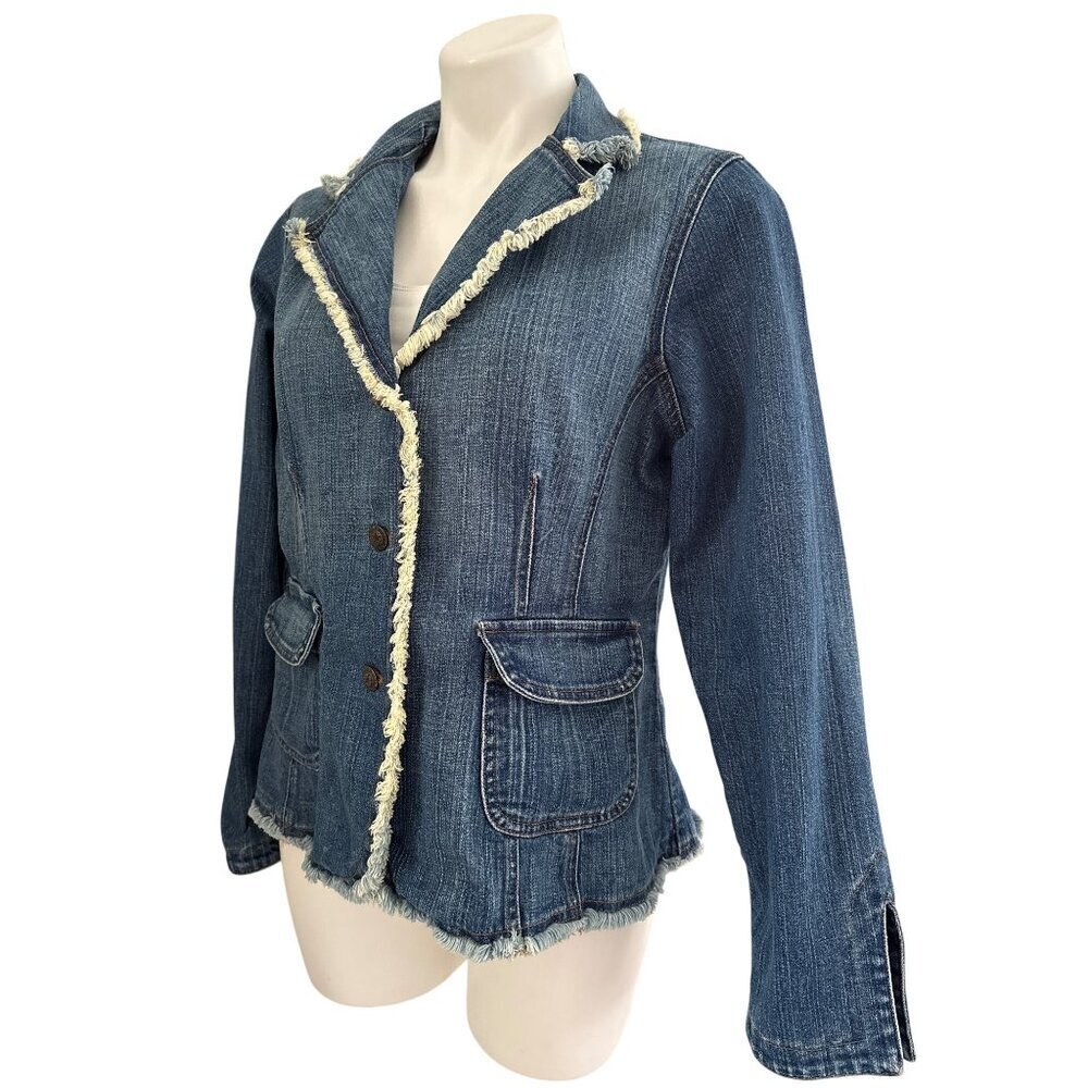 Soft Surroundings Medium Denim Jacket With Fringe Trim & Button Front - Picture 6 of 7